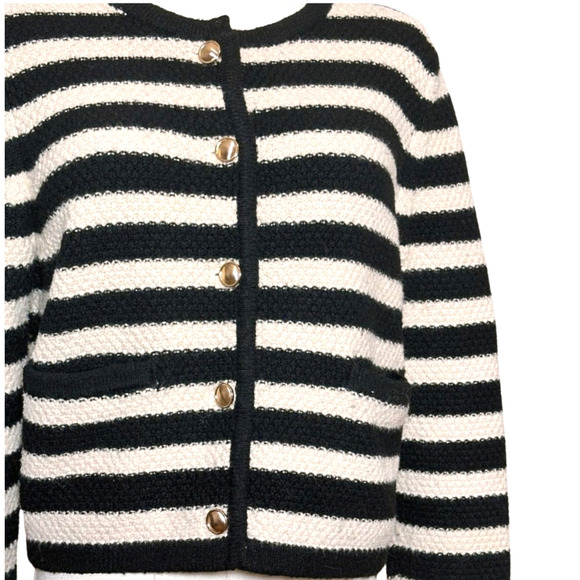 A New Day Black Ivory Striped Gold Button Front Cotton Blend Cardigan Medium - Picture 2 of 7